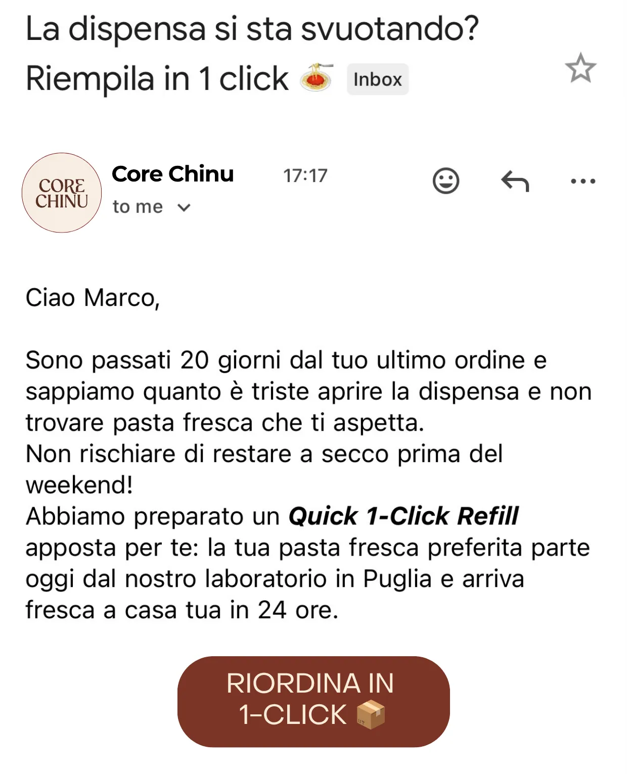 A phone screenshot of the day-20 email, from Core Chinu: subject «La dispensa si sta svuotando? Riempila in 1 click», a reminder that twenty days have passed since the last order, the line «Non rischiare di restare a secco prima del weekend!», the Quick 1-Click Refill that leaves the workshop in Puglia today and arrives fresh within 24 hours, and a single button — «RIORDINA IN 1-CLICK».