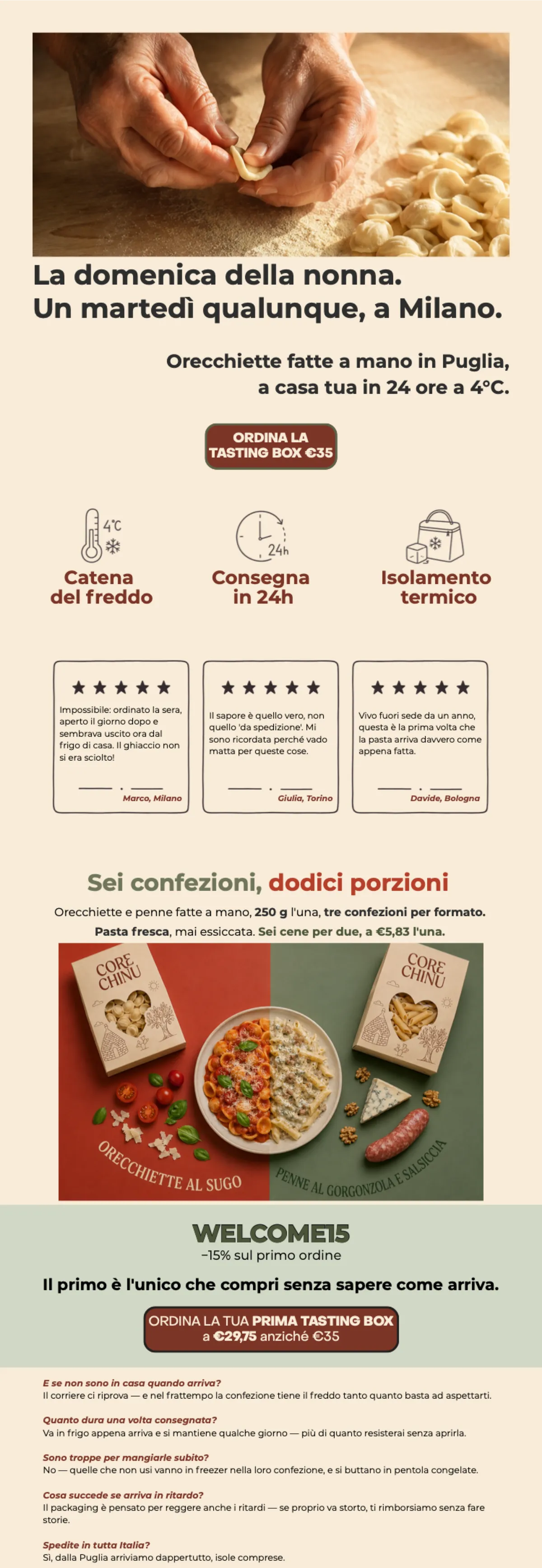 The same landing page with a single difference: at the top, in place of the box, a photo of an elderly woman's hands shaping orecchiette on a floured wooden table, with the finished pasta gathered to one side; below it the headline "La domenica della nonna. Un martedì qualunque, a Milano." and the subhead "Orecchiette fatte a mano in Puglia, a casa tua in 24 ore a 4°C.". From the button down it is identical to variant A.