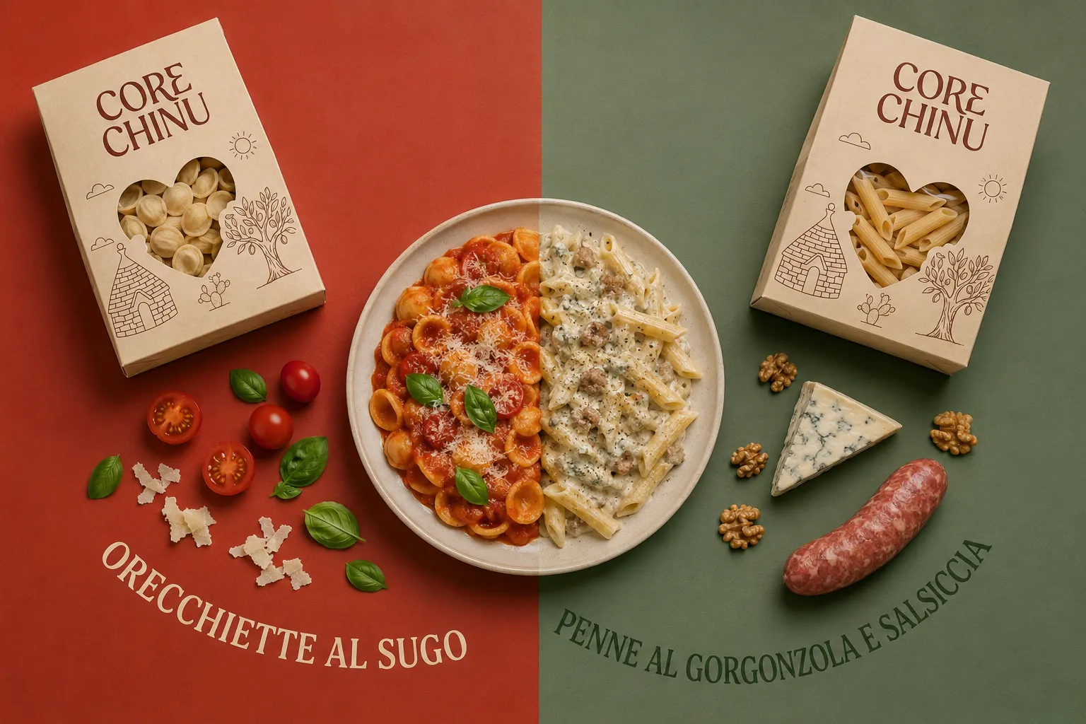 One round stoneware plate seen from above, split down the middle: on the left, orecchiette in tomato sauce with basil and grated cheese against a brick-red background; on the right, penne in a gorgonzola and sausage cream against a sage-green one. A paper pack of pasta sits in each top corner, and the name of each dish curves across the background below.