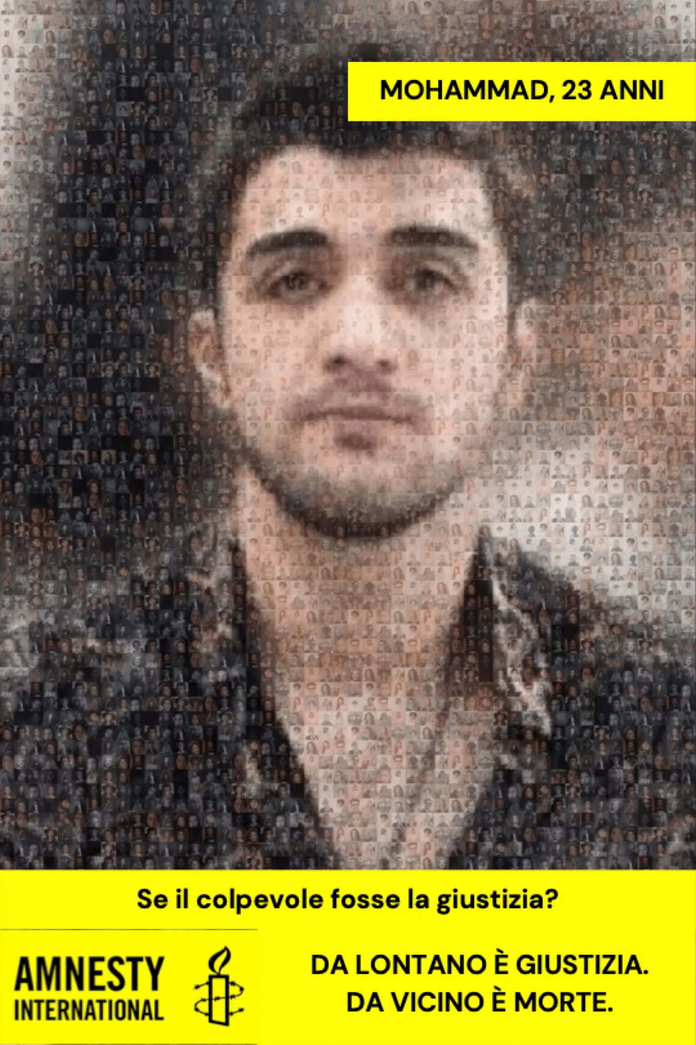 Same structure: the mosaic face of a young man with a short beard, the band «MOHAMMAD, 23 ANNI», the headline and the tagline.