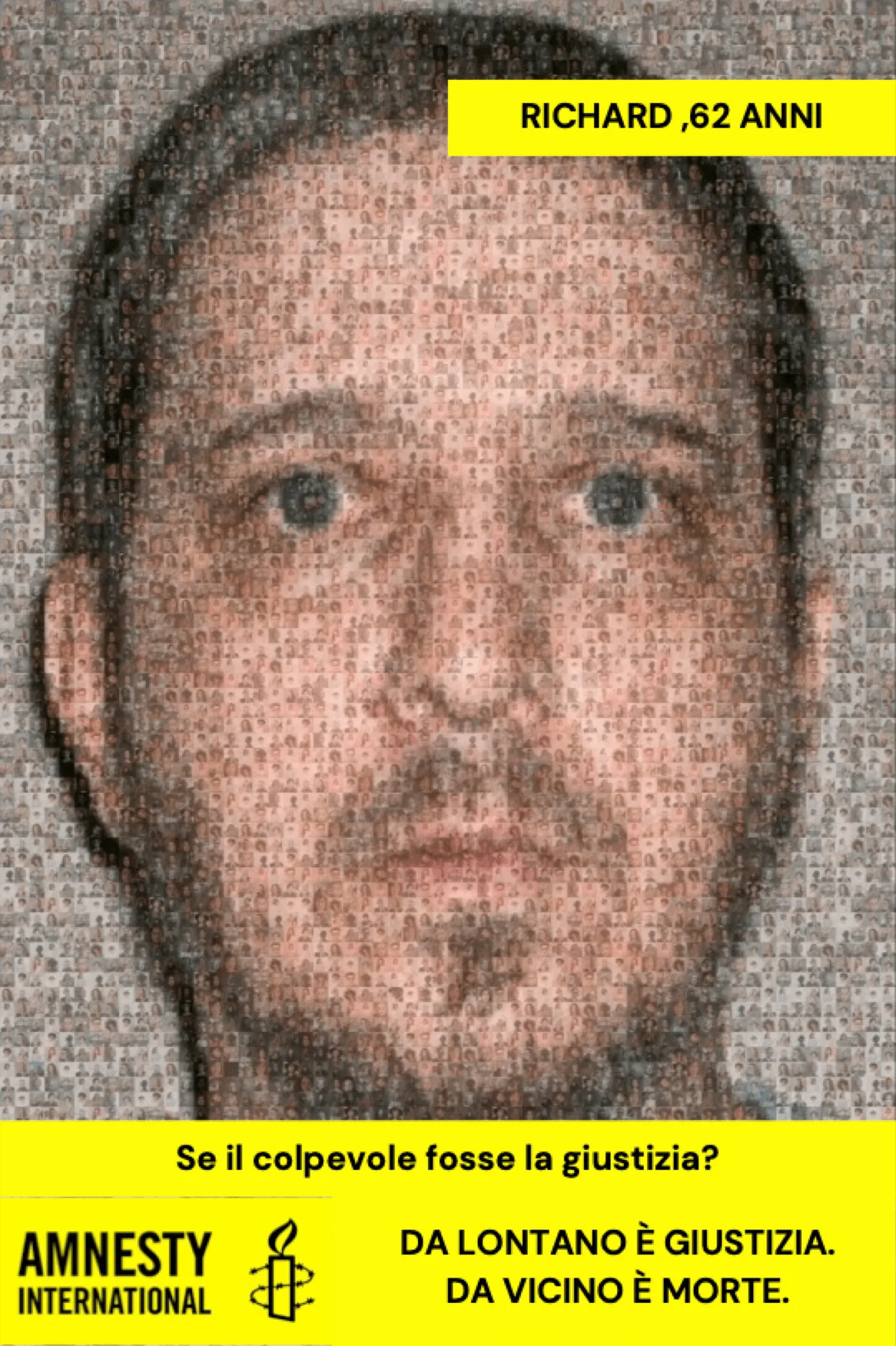 Same structure: the mosaic face of a man in his sixties, the band «RICHARD ,62 ANNI», the headline and the tagline.