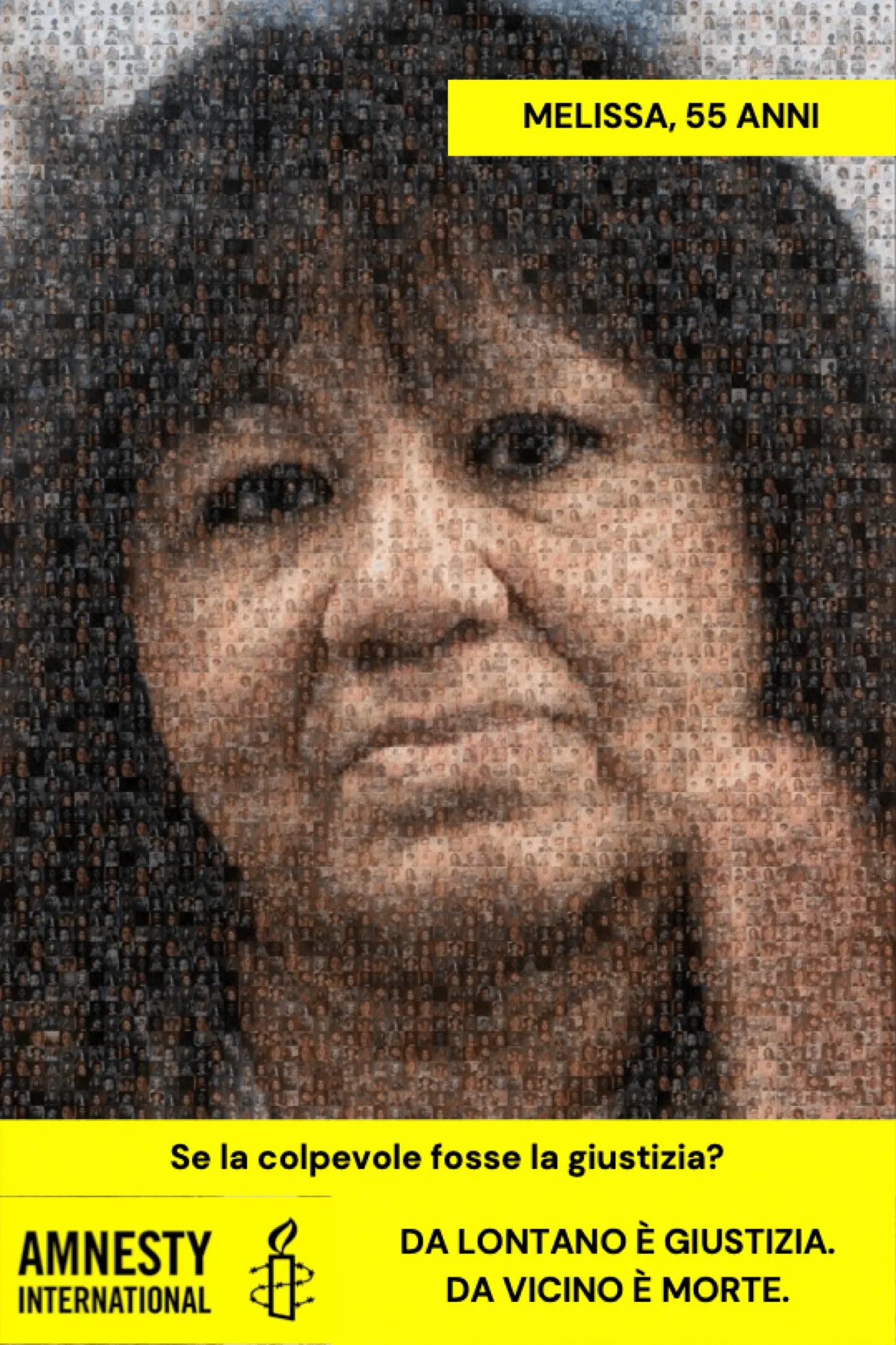 Same structure: the mosaic face of a woman, the band «MELISSA, 55 ANNI», and the headline inflected in the feminine — «Se la colpevole fosse la giustizia?».