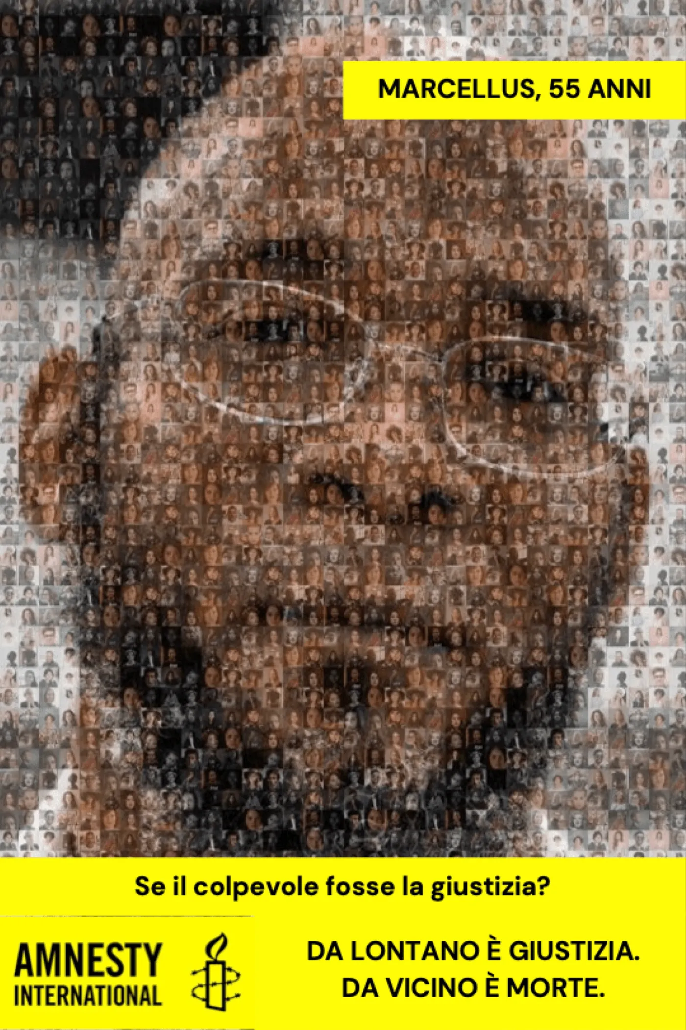 Same structure: the mosaic face of a man wearing glasses, the band «MARCELLUS, 55 ANNI», the headline and the tagline.