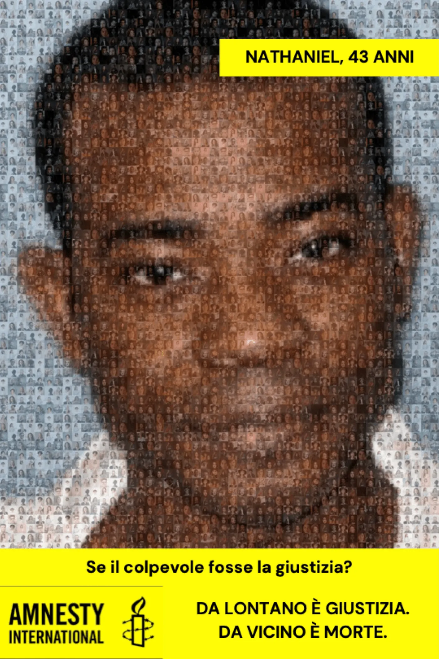 Same structure: the mosaic face of a young man, the band «NATHANIEL, 43 ANNI», the headline and the tagline.