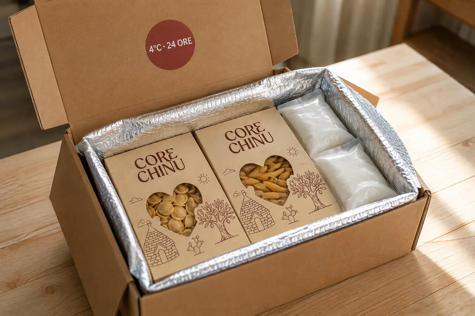 An open kraft cardboard shipping box on a pale wooden table, lined with a silver thermal bag. In view, lying side by side, two Core Chinu packs — one of orecchiette, one of penne — and two white gel ice packs. A round terracotta sticker inside the open lid reads 4°C · 24 ORE.